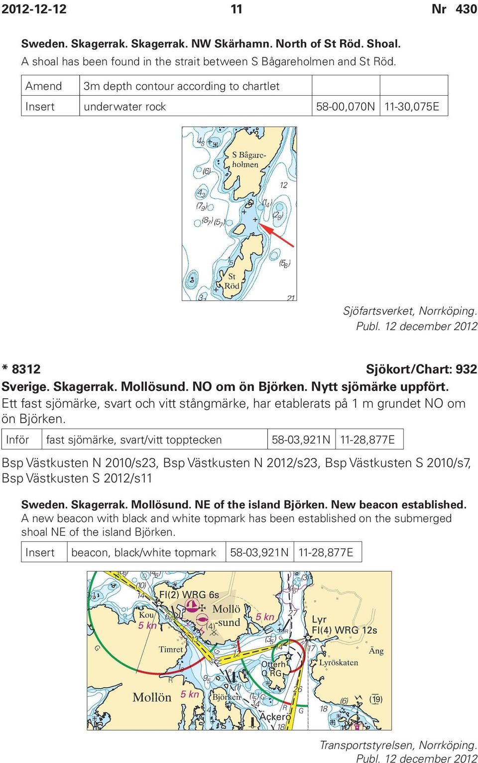 NO om ön Björken. Nytt sjömärke uppfört. Ett fast sjömärke, svart och vitt stångmärke, har etablerats på 1 m grundet NO om ön Björken.