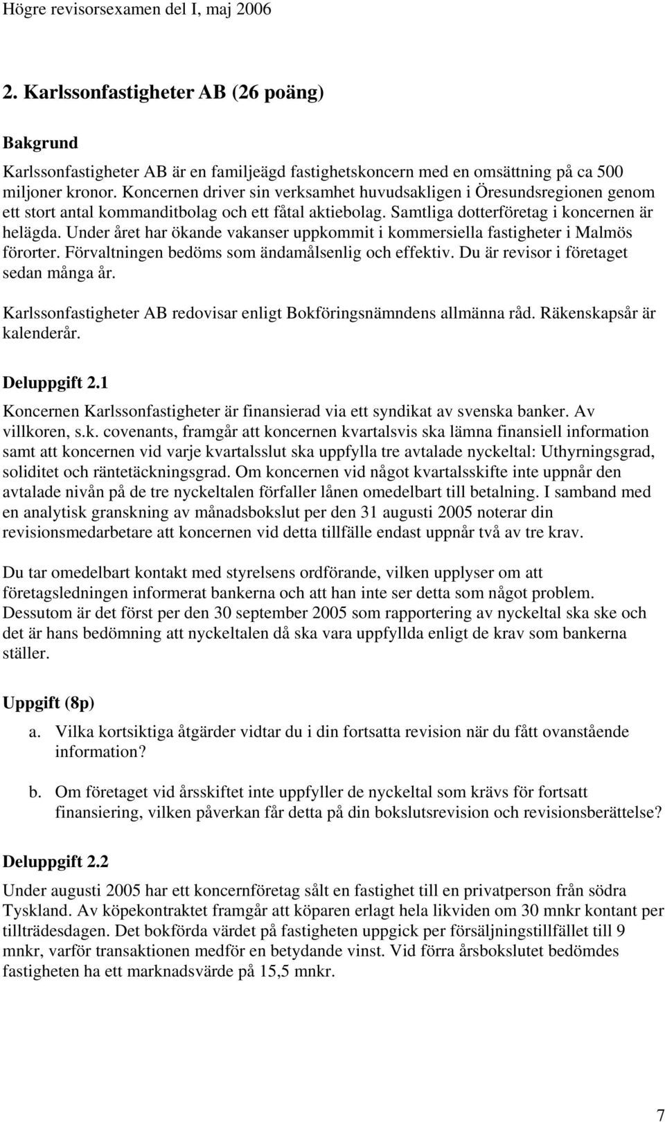 Under året har ökande vakanser uppkommit i kommersiella fastigheter i Malmös förorter. Förvaltningen bedöms som ändamålsenlig och effektiv. Du är revisor i företaget sedan många år.