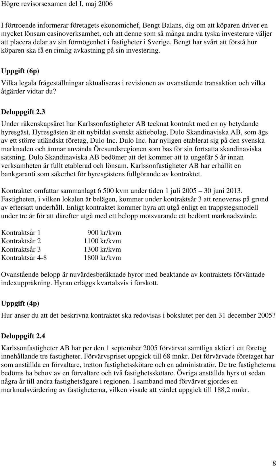 Uppgift (6p) Vilka legala frågeställningar aktualiseras i revisionen av ovanstående transaktion och vilka åtgärder vidtar du? Deluppgift 2.