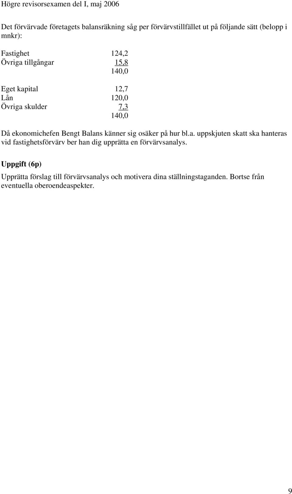 sig osäker på hur bl.a. uppskjuten skatt ska hanteras vid fastighetsförvärv ber han dig upprätta en förvärvsanalys.
