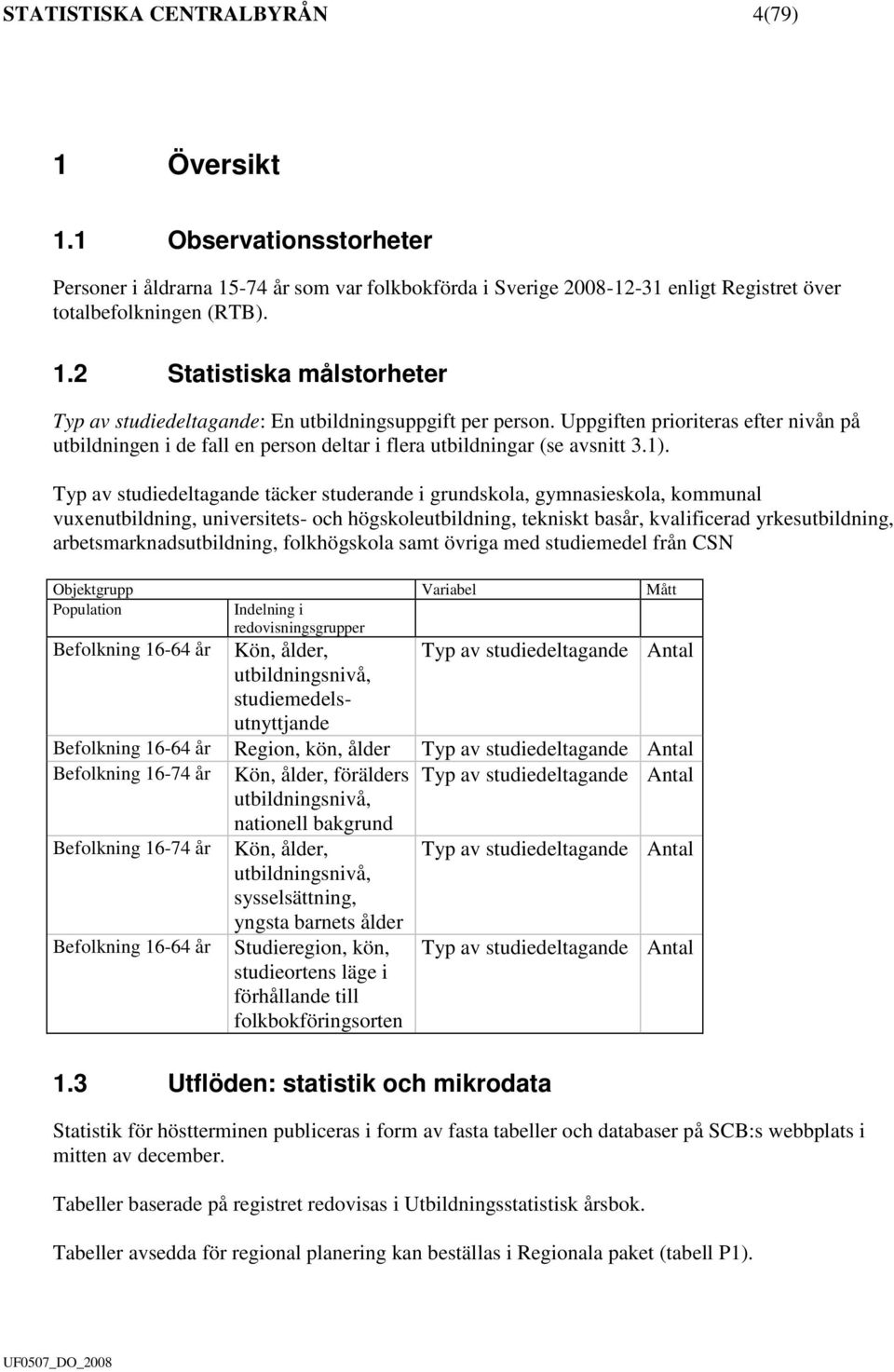 Typ av studiedeltagande täcker studerande i grundskola, gymnasieskola, kommunal vuxenutbildning, universitets- och högskoleutbildning, tekniskt basår, kvalificerad yrkesutbildning,