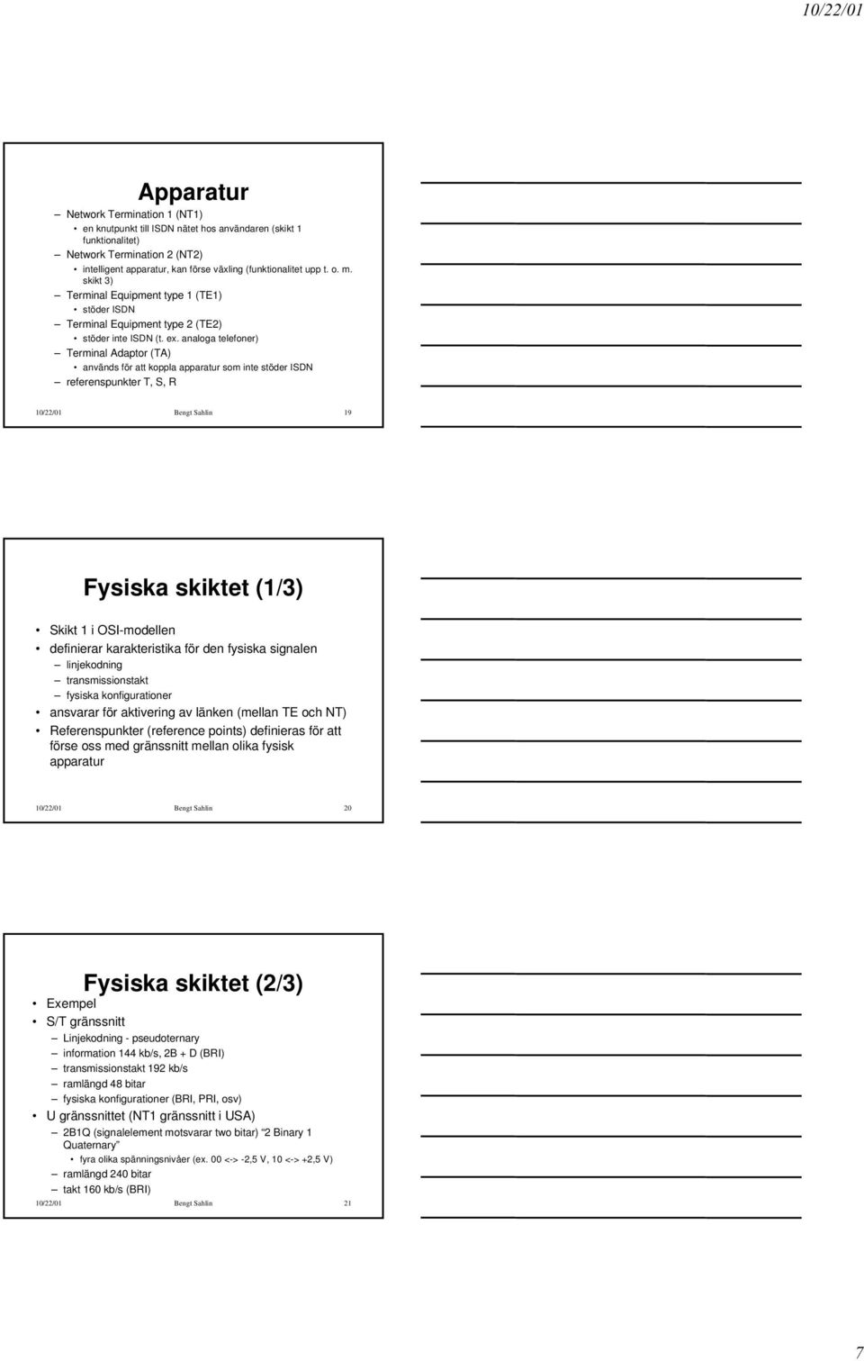 analoga telefoner) Terminal Adaptor (TA) används för att koppla apparatur som inte stöder ISDN referenspunkter T, S, R 10/22/01 Bengt Sahlin 19 Fysiska skiktet (1/3) Skikt 1 i OSI-modellen definierar
