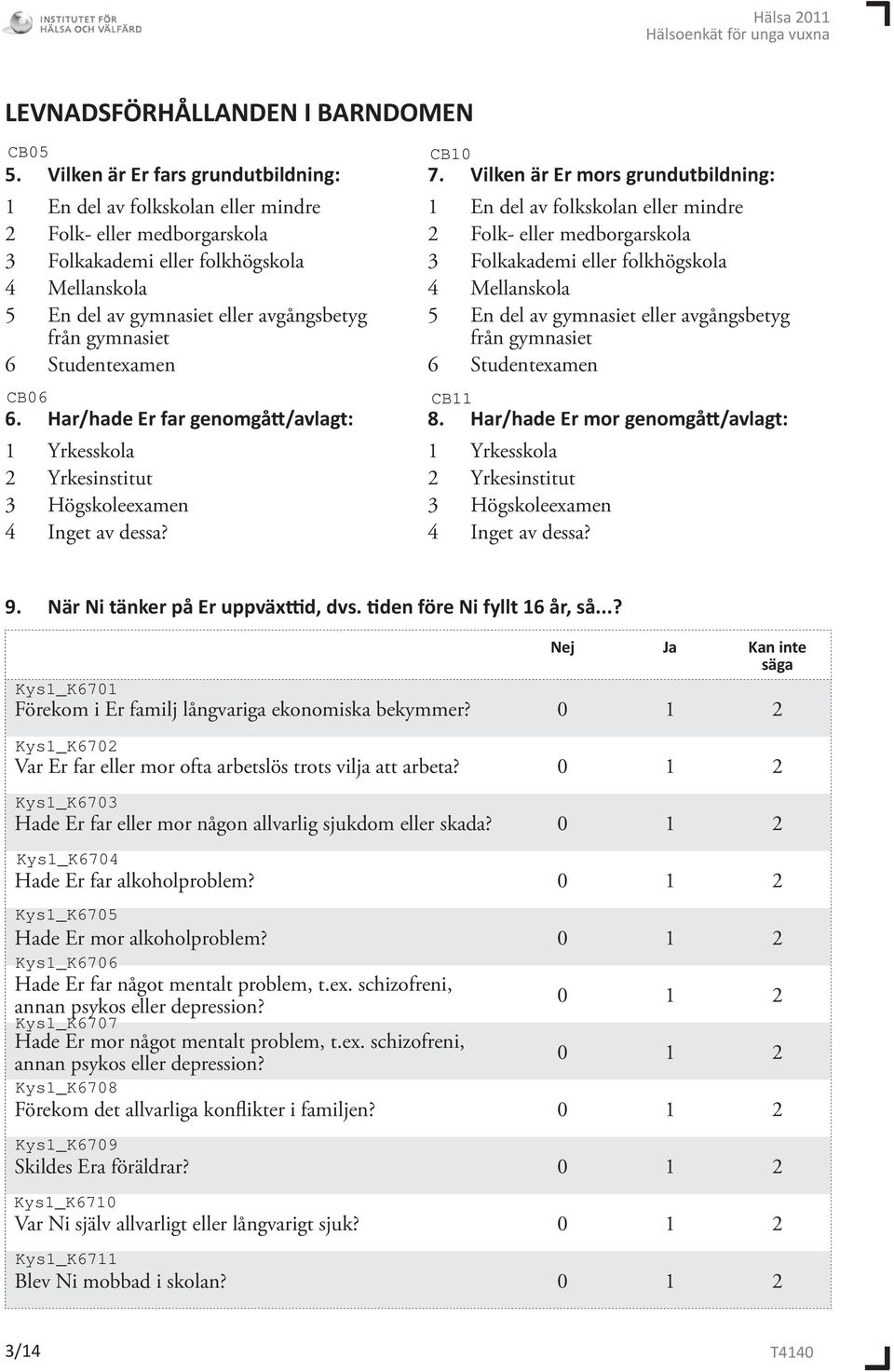 gymnasiet 6 Studentexamen 6. Har/hade Er far genomgått/avlagt: 1 Yrkesskola 2 Yrkesinstitut 3 Högskoleexamen 4 Inget av dessa? 7.