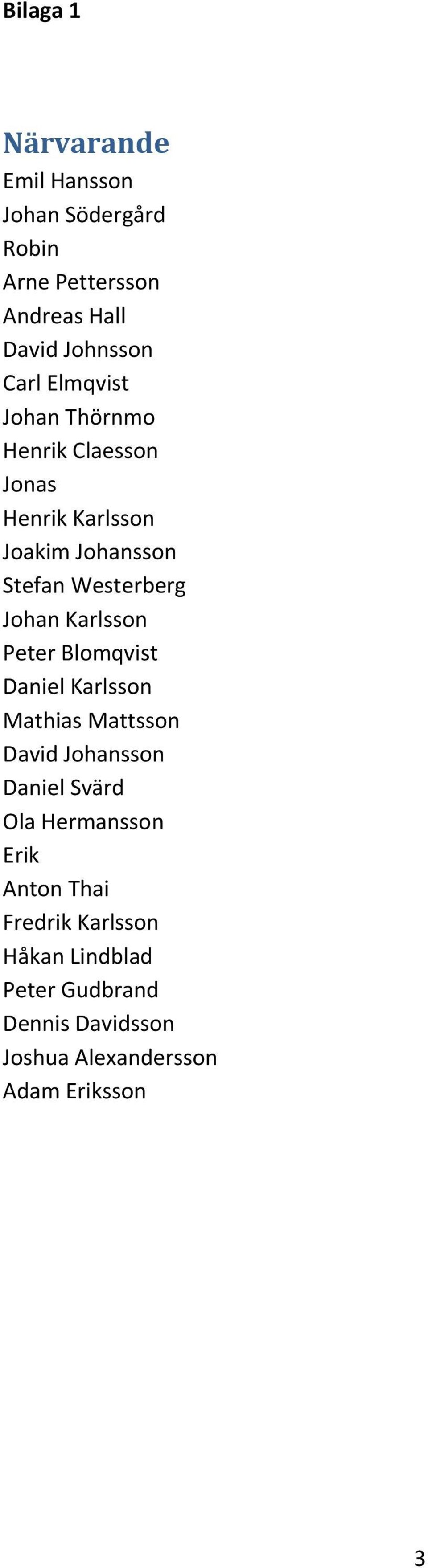 Karlsson Peter Blomqvist Daniel Karlsson Mathias Mattsson David Johansson Daniel Svärd Ola Hermansson