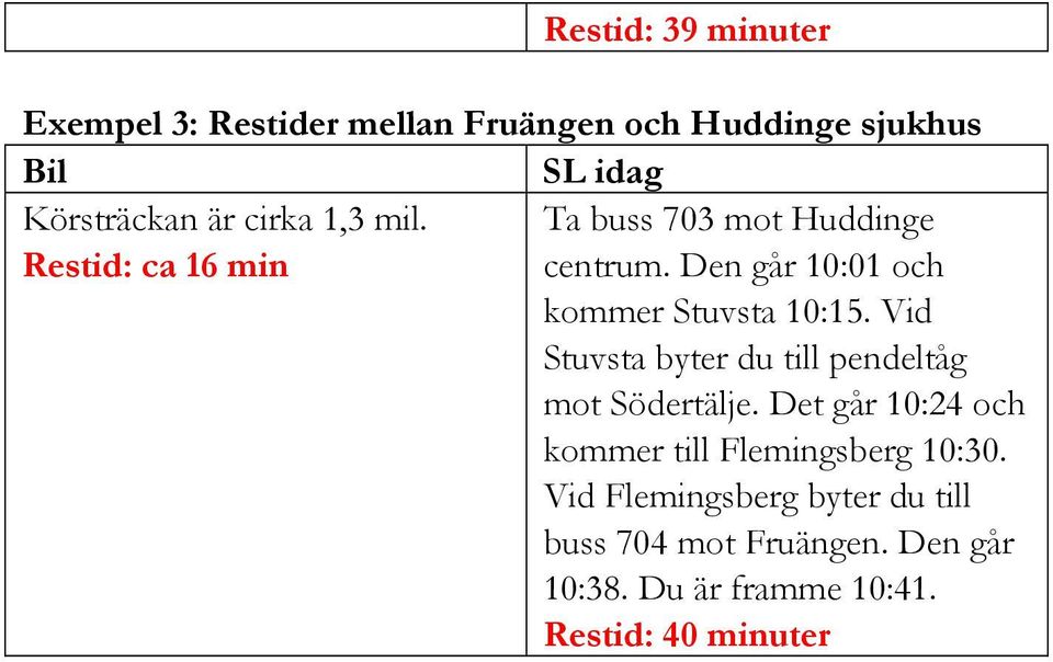 Den går 10:01 och kommer Stuvsta 10:15. Vid Stuvsta byter du till pendeltåg mot Södertälje.