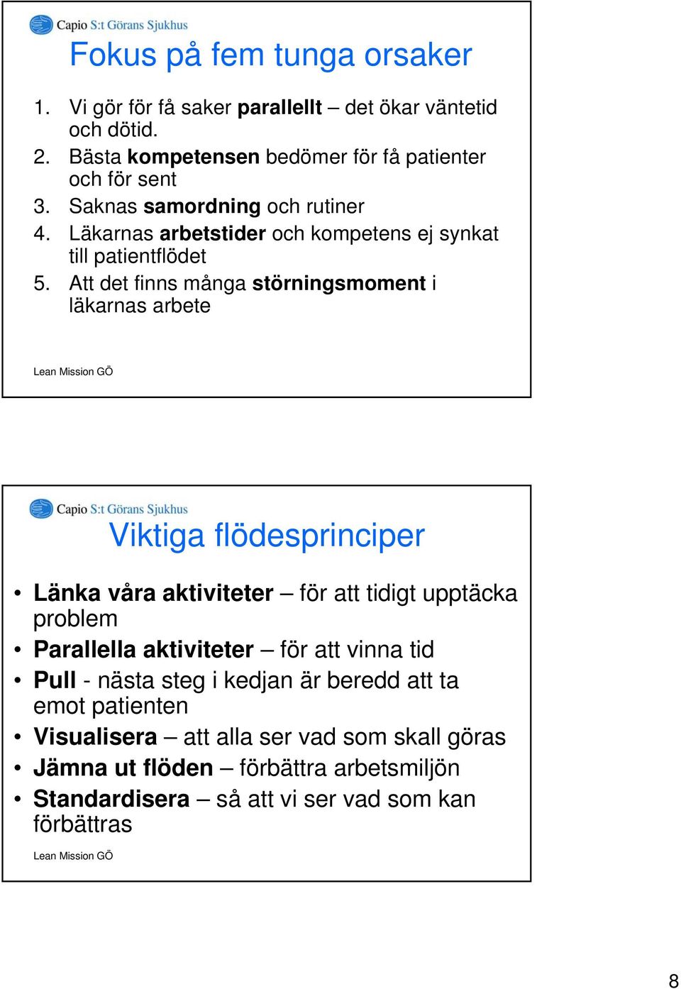 Att det finns många störningsmoment i läkarnas arbete Viktiga flödesprinciper Länka våra aktiviteter för att tidigt upptäcka problem Parallella aktiviteter