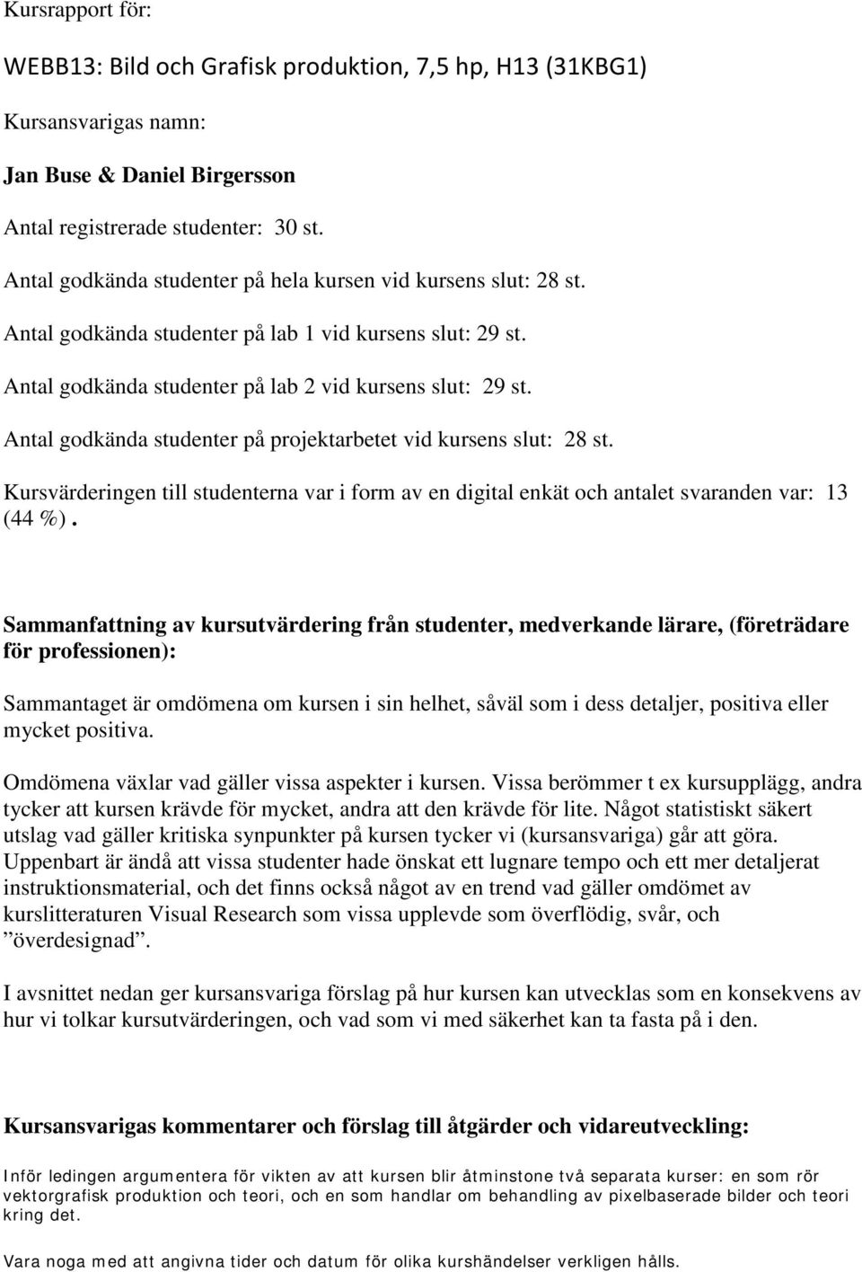 Antal godkända studenter på projektarbetet vid kursens slut: 28 st. Kursvärderingen till studenterna var i form av en digital enkät och antalet svaranden var: 13 (44 %).