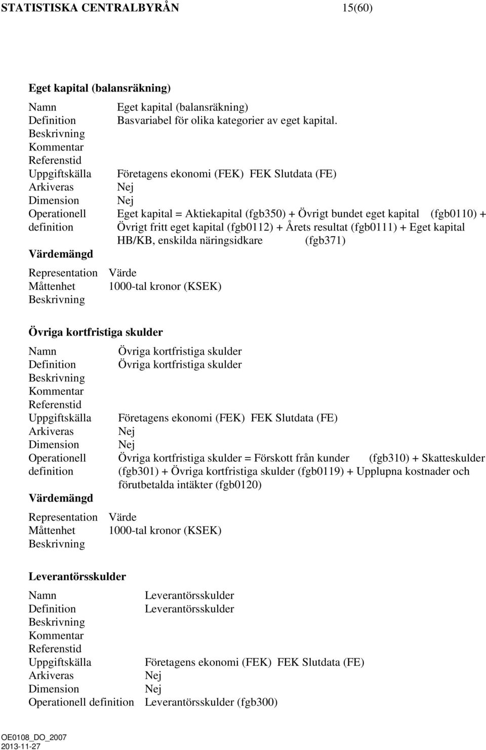 HB/KB, enskilda näringsidkare (fgb371) Övriga kortfristiga skulder Övriga kortfristiga skulder Övriga kortfristiga skulder Uppgiftskälla Företagens ekonomi (FEK) FEK Slutdata (FE) Operationell Övriga