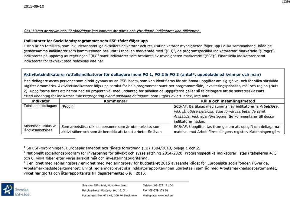 sammanhang, både de gemensamma indikatorer som kommissionen beslutat 1 i tabellen markerade med (EU), de programspecifika indikatorerna 2 markerade (Progr), indikatorer på uppdrag av regeringen (R) 3