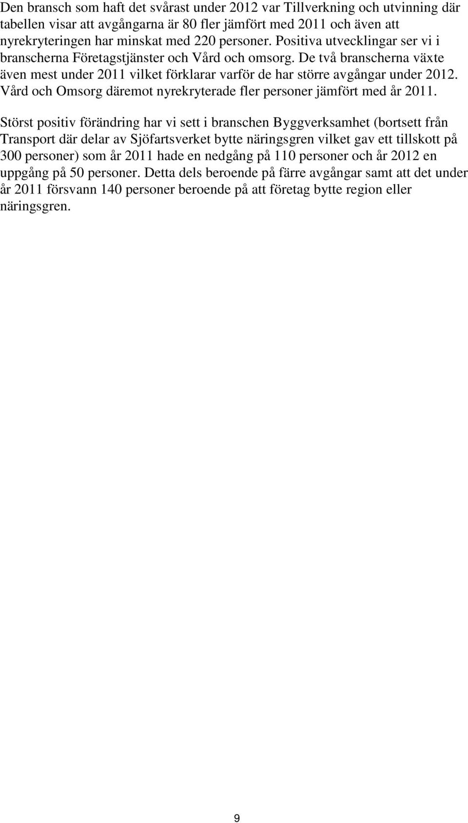 Vård och Omsorg däremot nyrekryterade fler personer jämfört med år 2011.