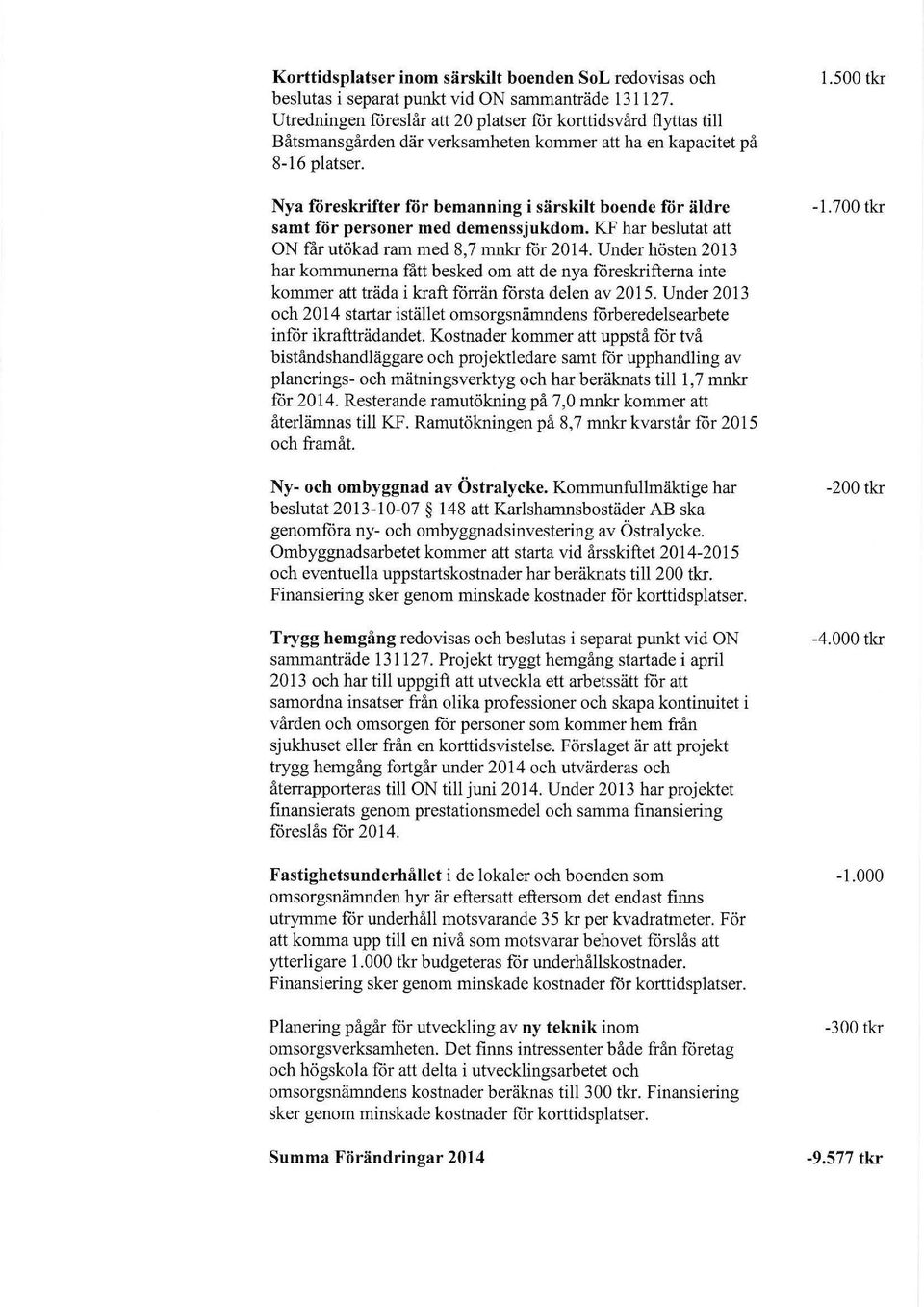 Nya foreskrifter for bemanning i särskilt boende for äldre samt for personer med demenssjukdom. KF har beslutat att ON rar utökad ram med 8,7 mnkr för 2014.