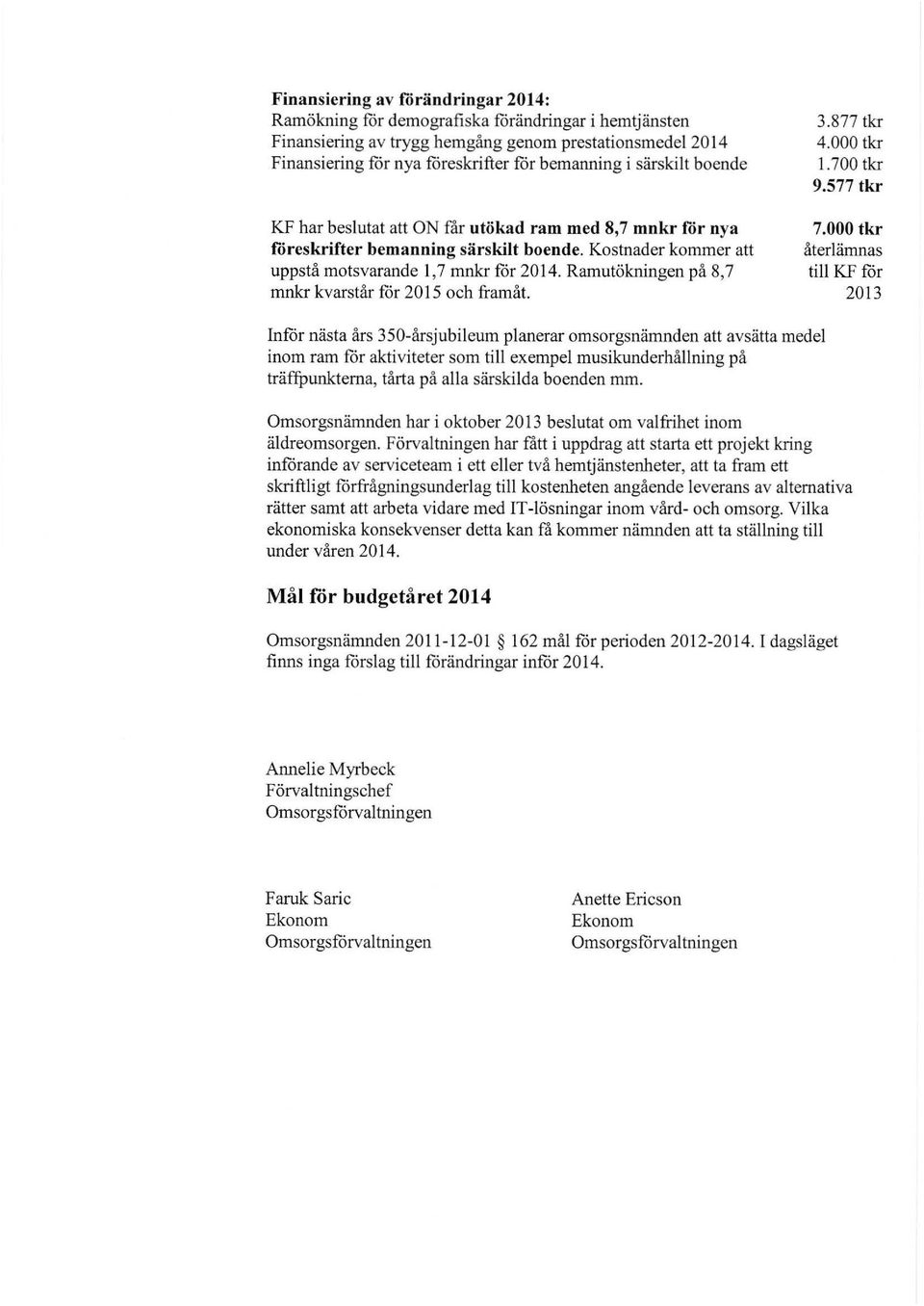 Ramutökningen på 8,7 mnkr kvarstår för 2015 och framåt. 3.877 tkr 4.000 tkr 1.700 tkr 9.577 tkr 7.