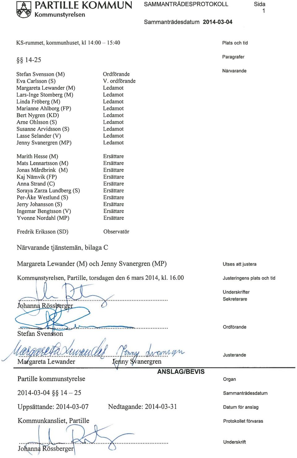 Anna Strand (C) Soraya Zarza Lundberg (S) Per-Åke Westlund (S) Jerry Johansson (S) Ingemar Bengtsson (V) Yvonne Nordahl (MP) Fredrik Eriksson (SD) Ordforande V.