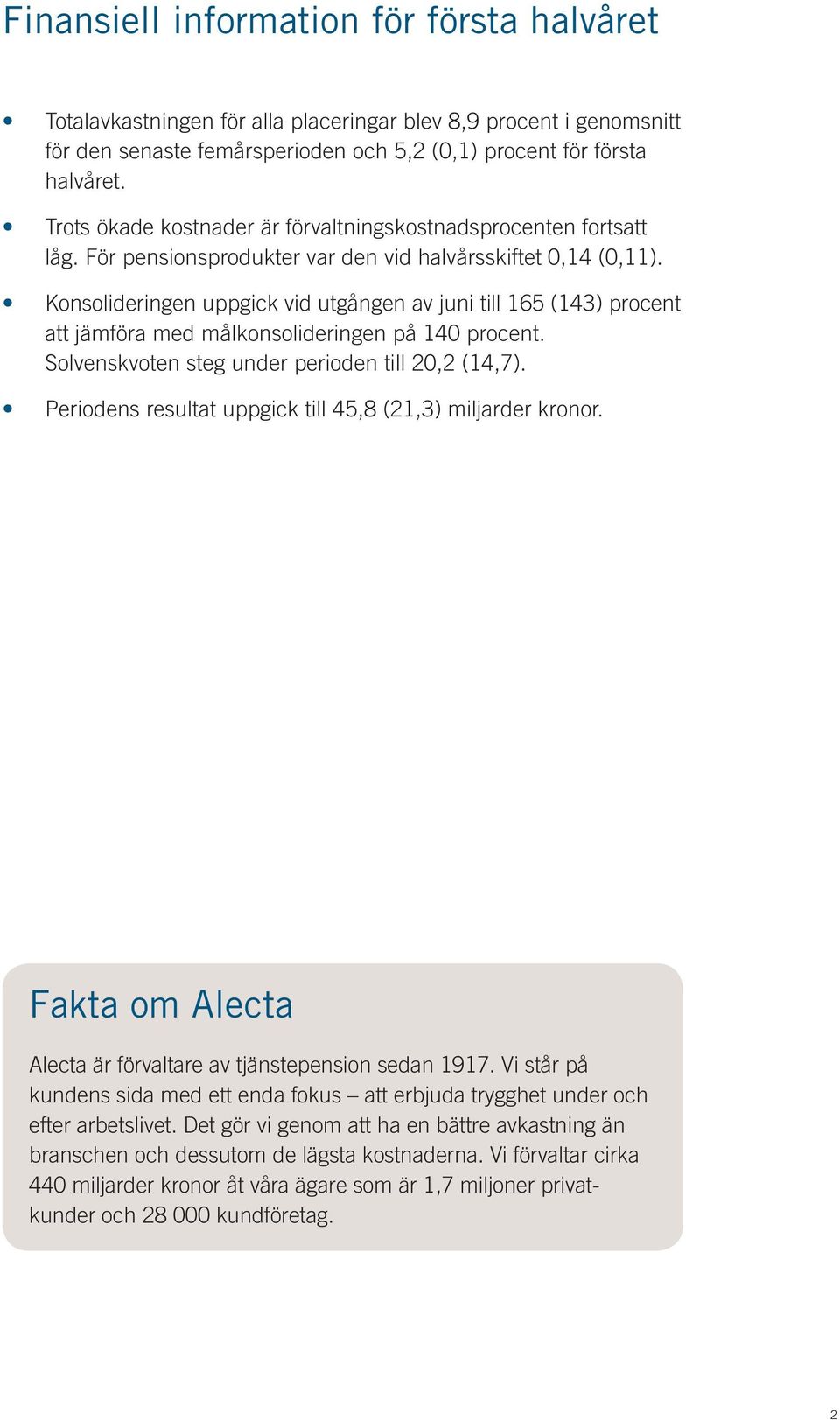 Konsolideringen uppgick vid utgången av juni till 165 (143) procent att jämföra med målkonsolideringen på 140 procent. Solvenskvoten steg under perioden till 20,2 (14,7).