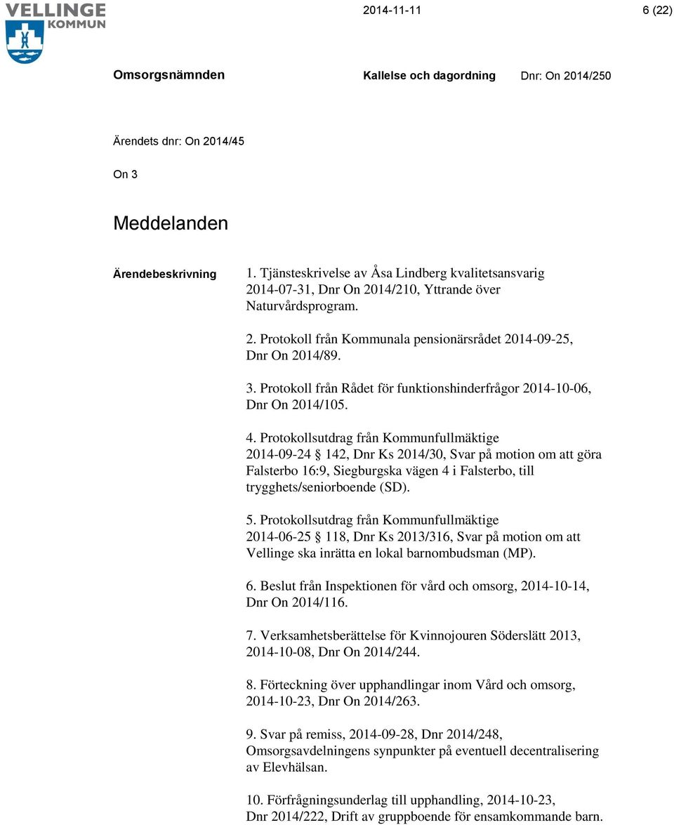 Protokollsutdrag från Kommunfullmäktige 2014-09-24 142, Dnr Ks 2014/30, Svar på motion om att göra Falsterbo 16:9, Siegburgska vägen 4 i Falsterbo, till trygghets/seniorboende (SD). 5.