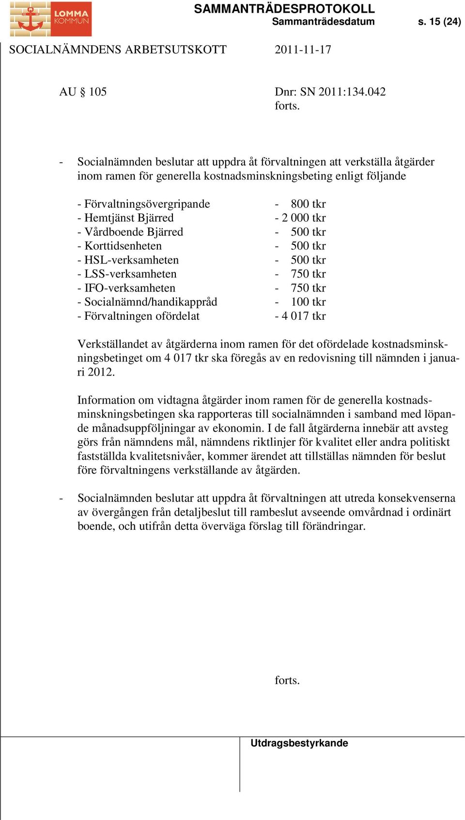 Bjärred - 2 000 tkr - Vårdboende Bjärred - 500 tkr - Korttidsenheten - 500 tkr - HSL-verksamheten - 500 tkr - LSS-verksamheten - 750 tkr - IFO-verksamheten - 750 tkr - Socialnämnd/handikappråd - 100