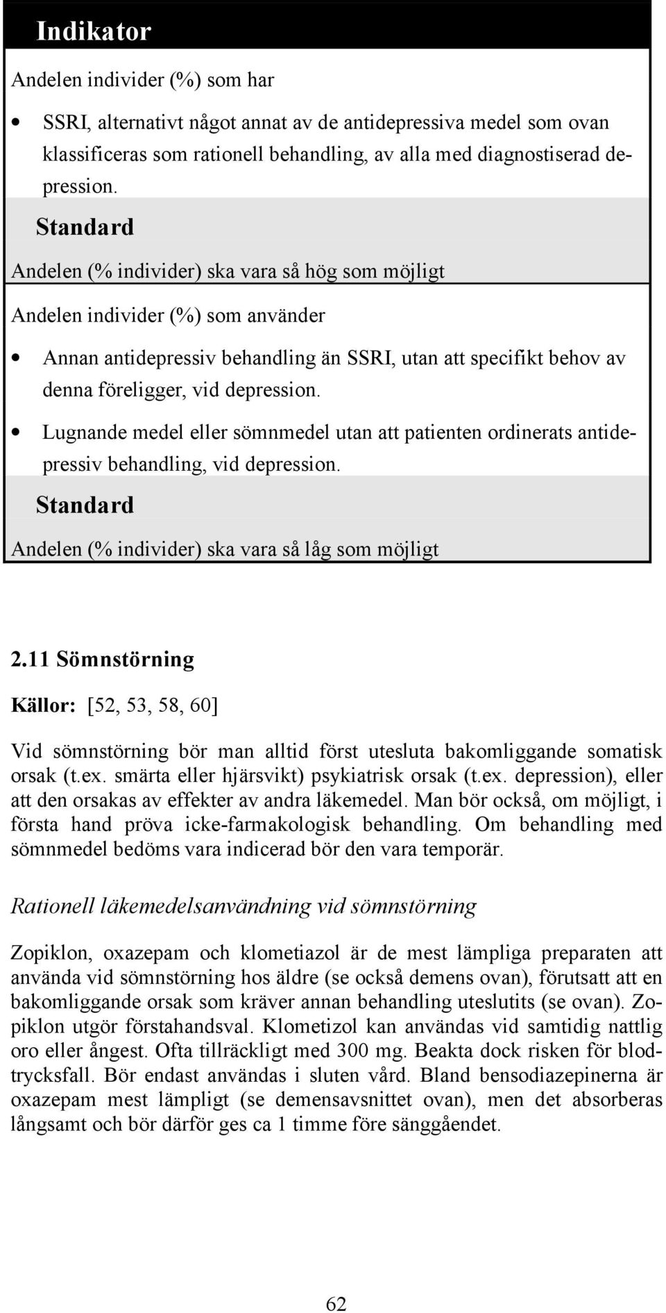 Lugnande medel eller sömnmedel utan att patienten ordinerats antidepressiv, vid depression. Andelen (% individer) ska vara så låg som möjligt 2.