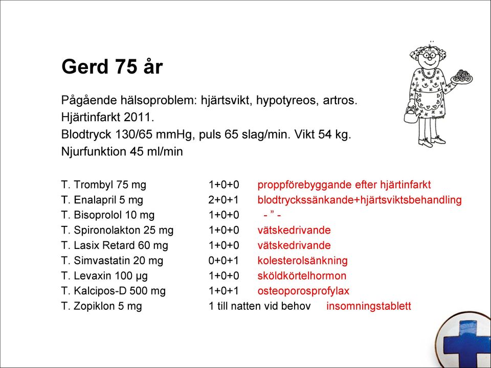 Enalapril 5 mg 2+0+1 blodtryckssänkande+hjärtsviktsbehandling T. Bisoprolol 10 mg 1+0+0 - - T. Spironolakton 25 mg 1+0+0 vätskedrivande T.