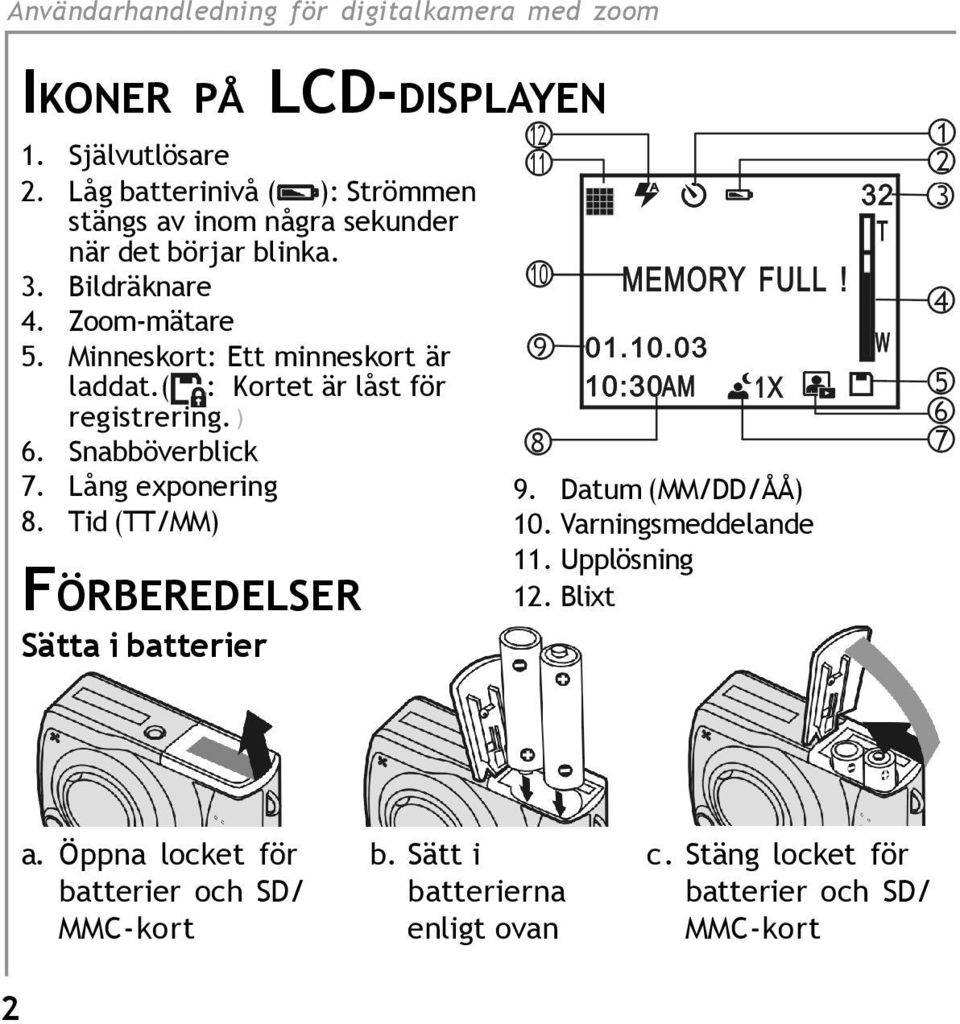 Lång exponering 8. Tid (TT/MM) FÖRBEREDELSER Sätta i batterier 9. Datum (MM/DD/ÅÅ) 10. Varningsmeddelande 11. Upplösning 12.