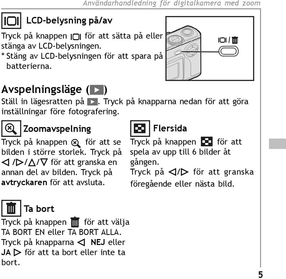 Zoomavspelning Tryck på knappen för att se bilden i större storlek. Tryck på / / / för att granska en annan del av bilden. Tryck på avtryckaren för att avsluta.