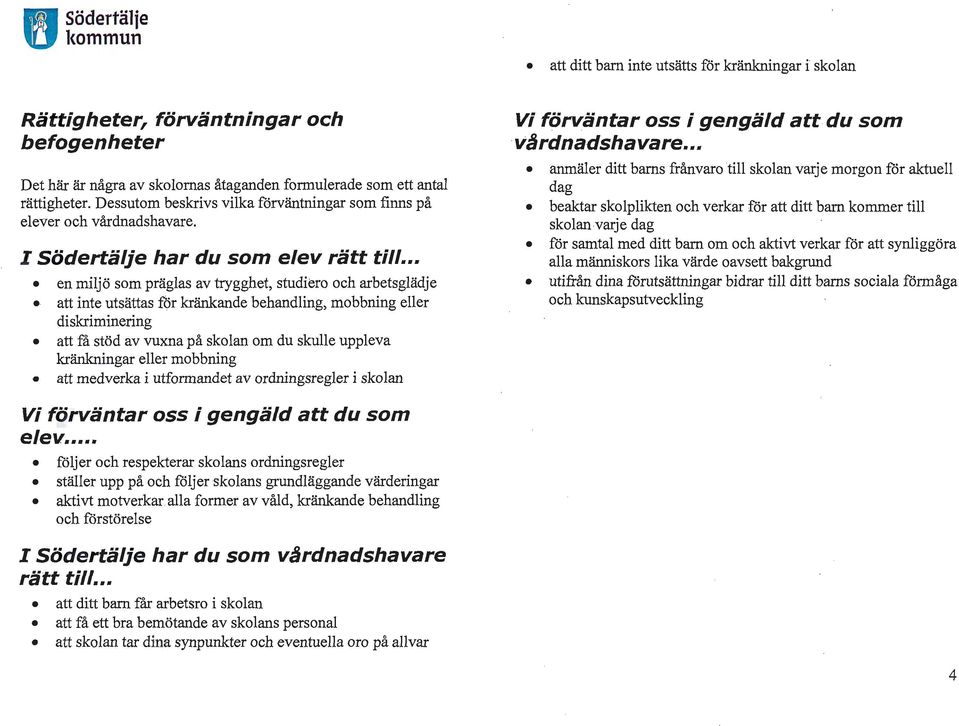 .. en miljö som präglas av trygghet, studiero och arbetsglädje att inte utsättas for kränkande behandling, mobbning eller diskriminering att få stöd av vuxna på skolan om du skulle uppleva