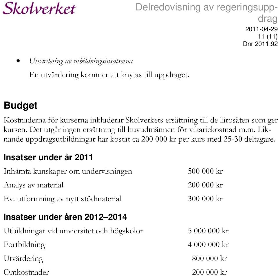 Det utgår ingen ersättning till huvudmännen för vikariekostnad m.m. Liknande uppdragsutbildningar har kostat ca 200 000 kr per kurs med 25-30 deltagare.