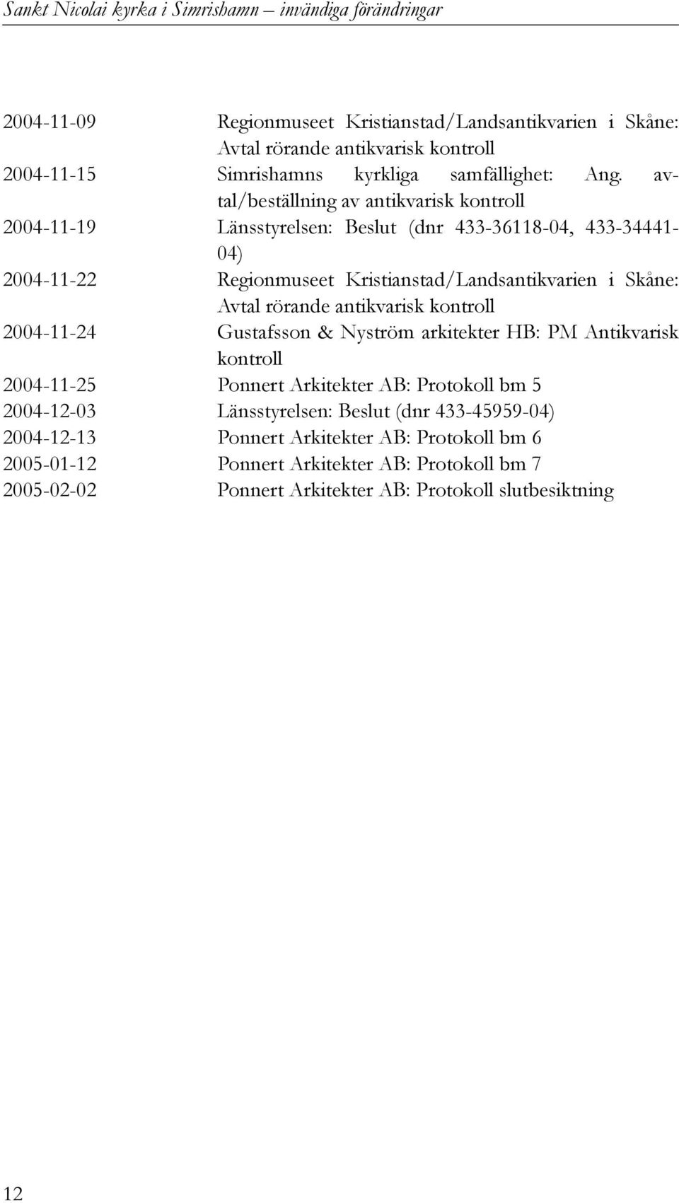 avtal/beställning av antikvarisk kontroll 2004-11-19 Länsstyrelsen: Beslut (dnr 433-36118-04, 433-34441- 04) 2004-11-22 Regionmuseet Kristianstad/Landsantikvarien i Skåne: Avtal rörande