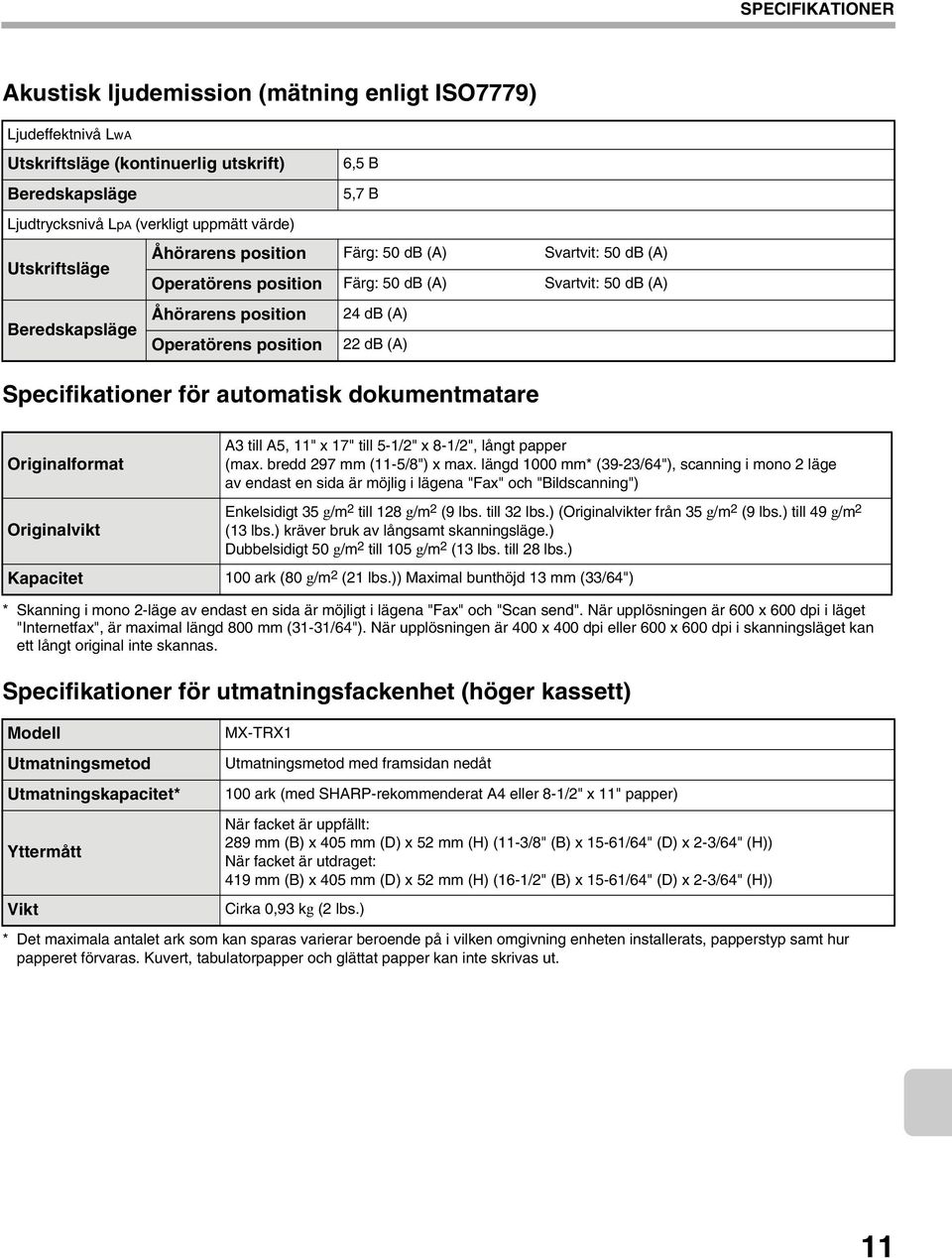 (A) Specifikationer för automatisk dokumentmatare Originalformat Originalvikt A3 till A5, 11" x 17" till 5-1/2" x 8-1/2", långt papper (max. bredd 297 mm (11-5/8") x max.