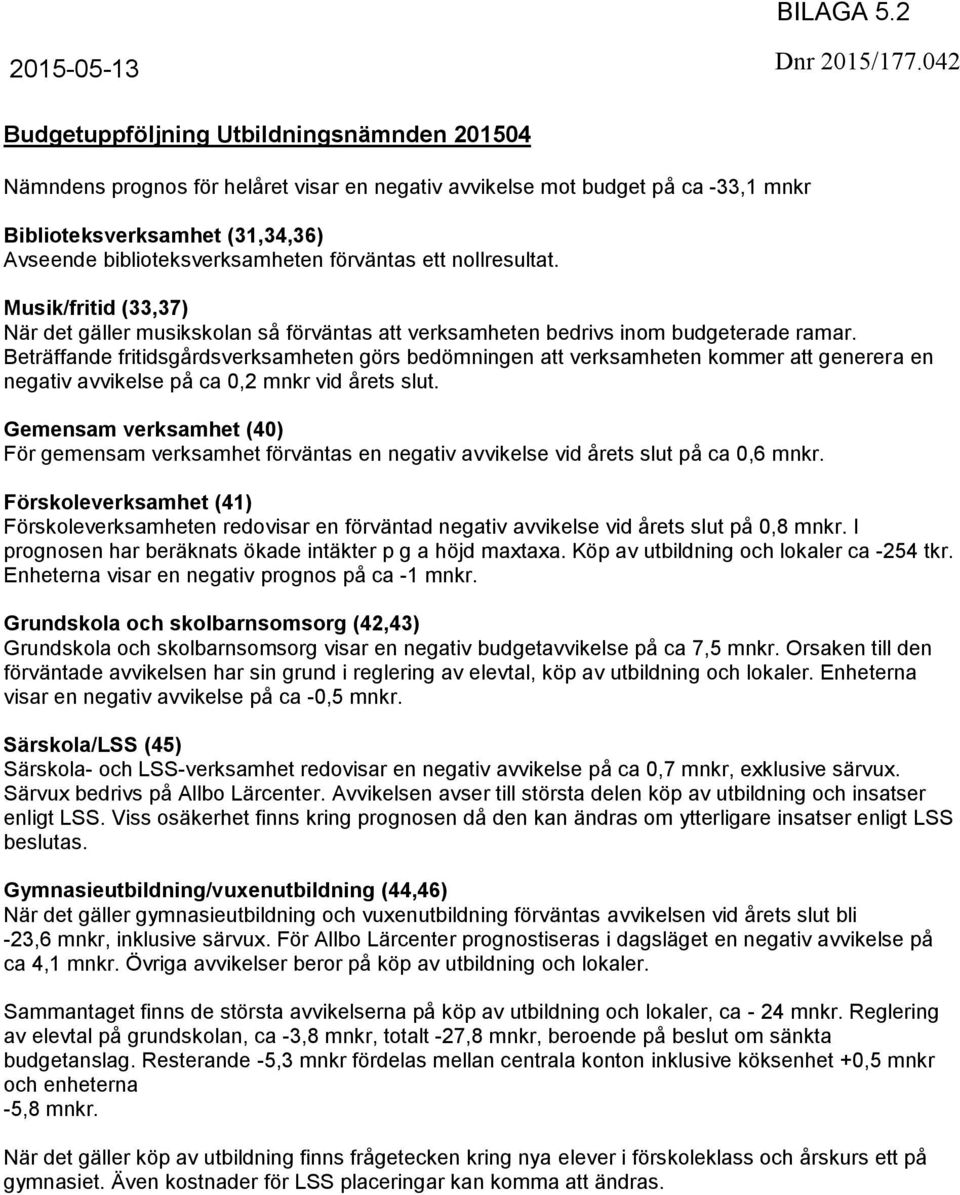 förväntas ett nollresultat. Musik/fritid (33,37) När det gäller musikskolan så förväntas att verksamheten bedrivs inom budgeterade ramar.