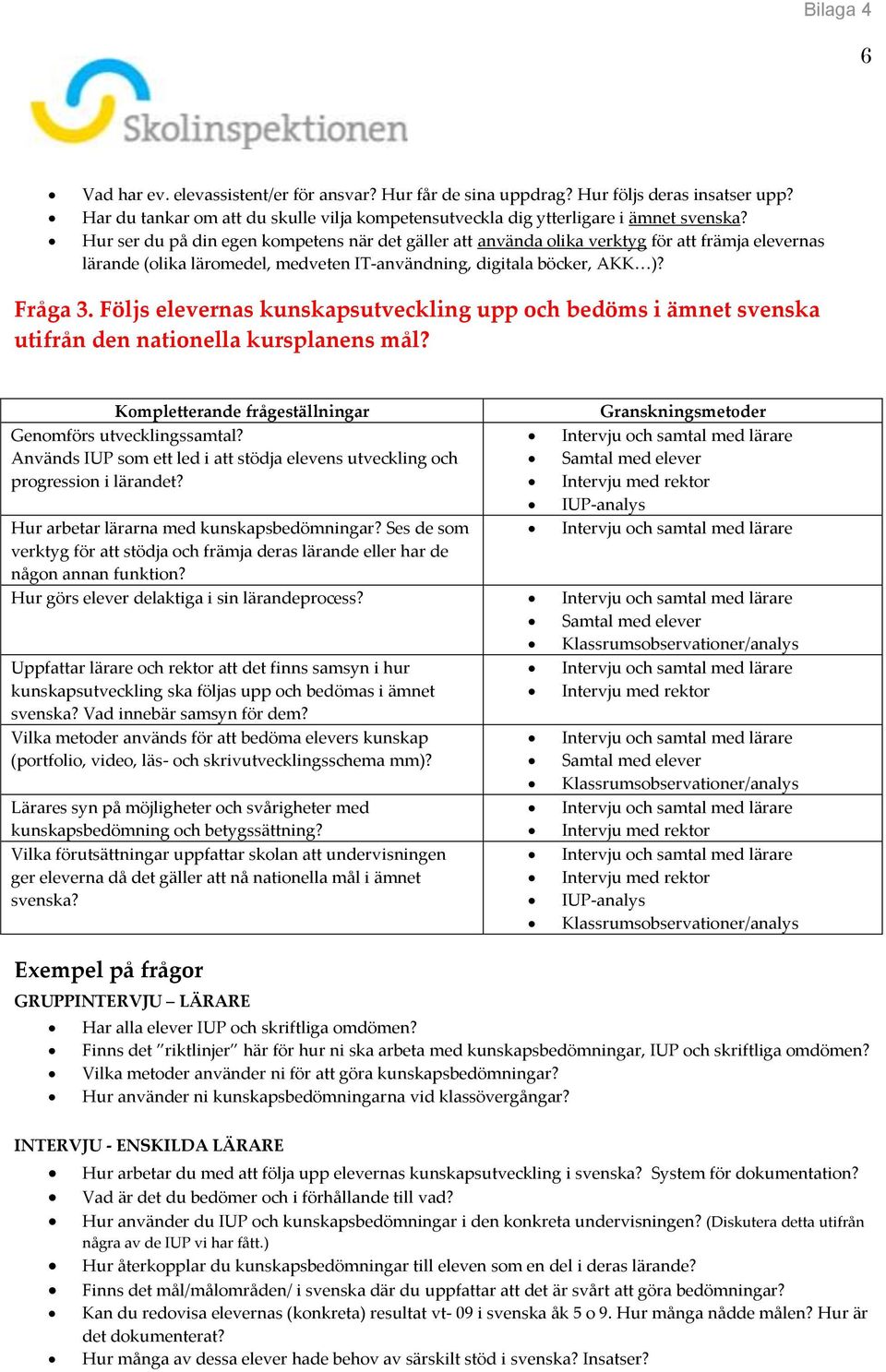 Följs elevernas kunskapsutveckling upp och bedöms i ämnet svenska utifrån den nationella kursplanens mål? Kompletterande frågeställningar Genomförs utvecklingssamtal?