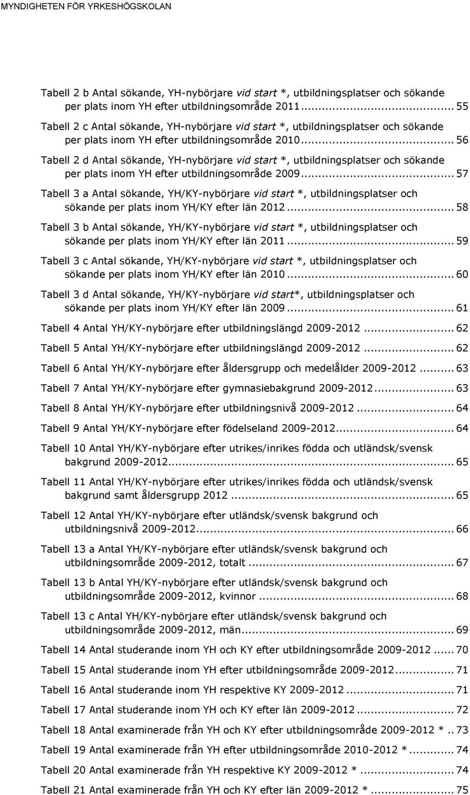 .. 56 Tabell 2 d Antal sökande, YH-nybörjare vid start *, utbildningsplatser och sökande per plats inom YH efter utbildningsområde 2009.
