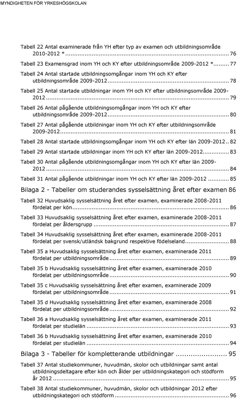 .. 79 Tabell 26 Antal pågående utbildningsomgångar inom YH och KY efter utbildningsområde 2009-2012... 80 Tabell 27 Antal pågående utbildningar inom YH och KY efter utbildningsområde 2009-2012.