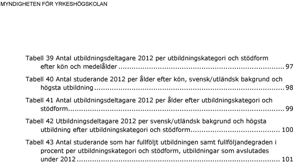 .. 98 Tabell 41 Antal utbildningsdeltagare 2012 per ålder efter utbildningskategori och stödform.