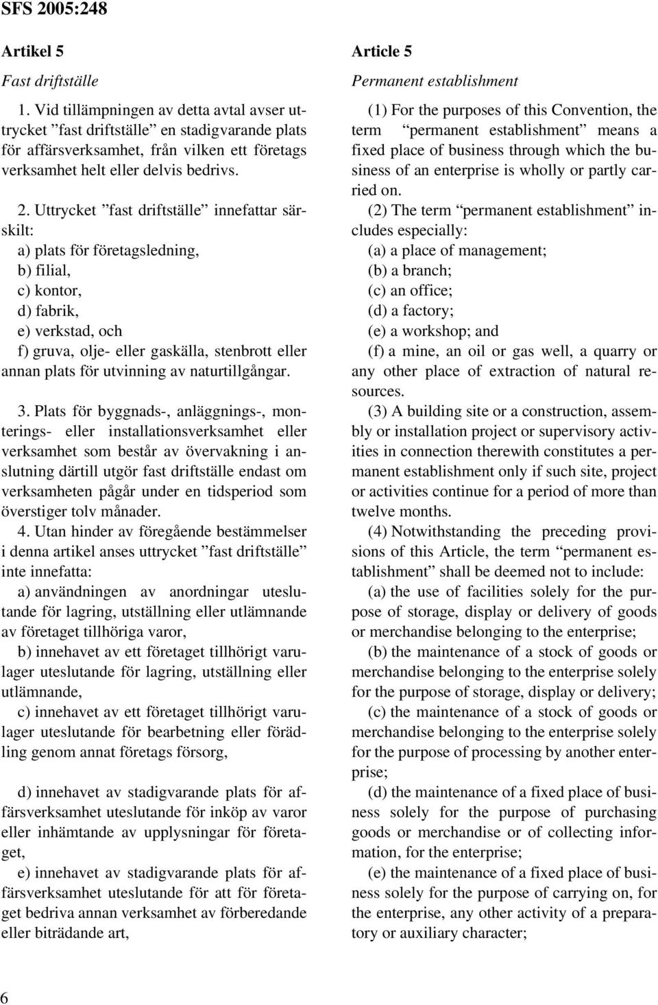 Uttrycket fast driftställe innefattar särskilt: a) plats för företagsledning, b) filial, c) kontor, d) fabrik, e) verkstad, och f) gruva, olje- eller gaskälla, stenbrott eller annan plats för