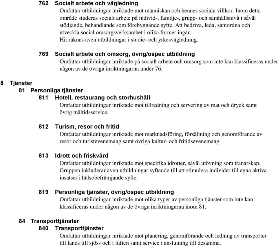 Att bedriva, leda, samordna och utveckla social omsorgsverksamhet i olika former ingår. Hit räknas även utbildningar i studie- och yrkesvägledning.