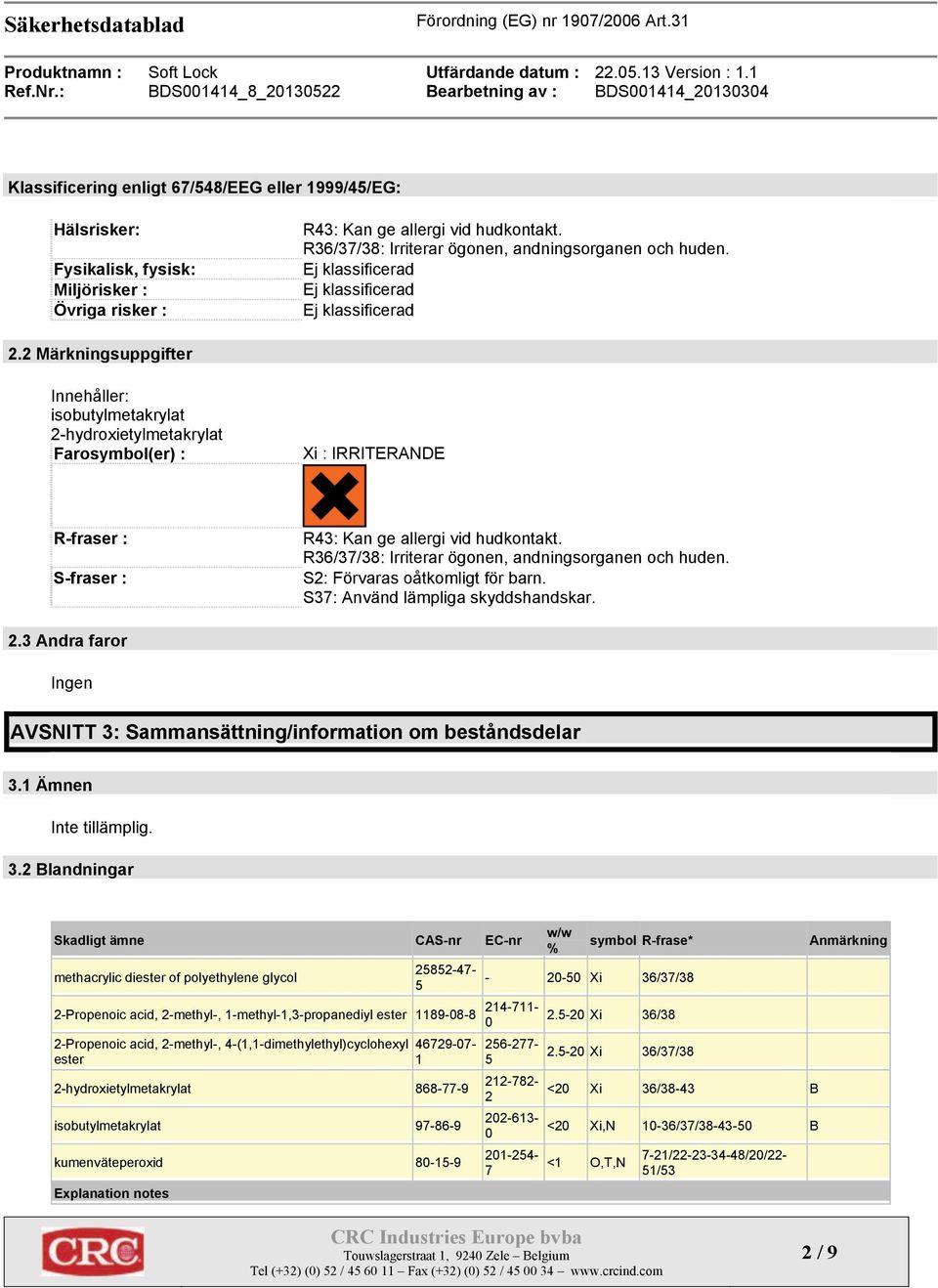 2 Märkningsuppgifter Innehåller: isobutylmetakrylat 2-hydroxietylmetakrylat Farosymbol(er) : Xi : IRRITERANDE R-fraser : S-fraser : R43: Kan ge allergi vid hudkontakt.