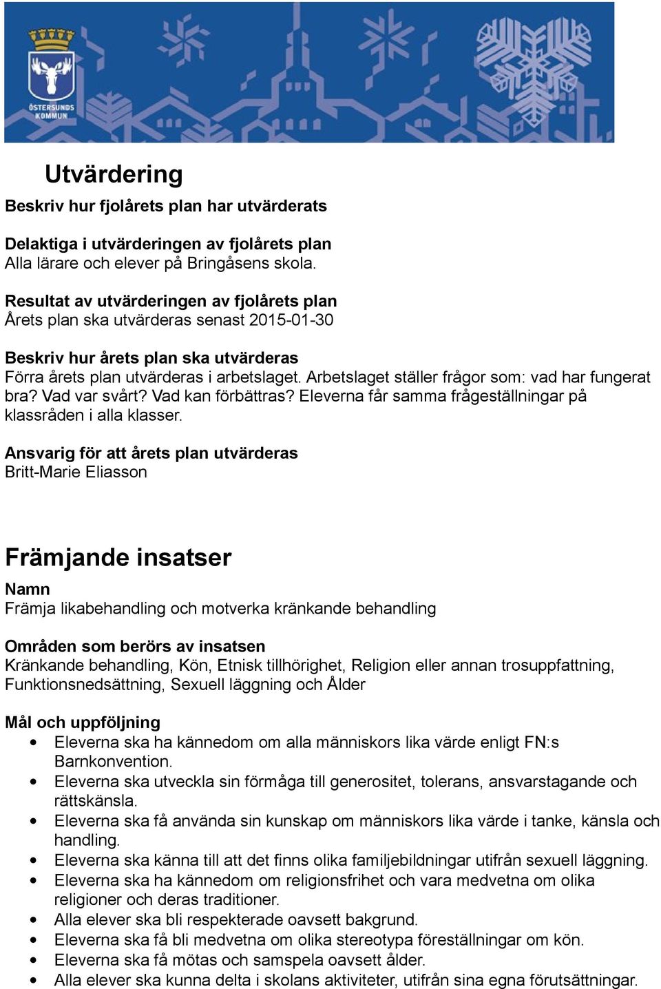 Arbetslaget ställer frågor som: vad har fungerat bra? Vad var svårt? Vad kan förbättras? Eleverna får samma frågeställningar på klassråden i alla klasser.