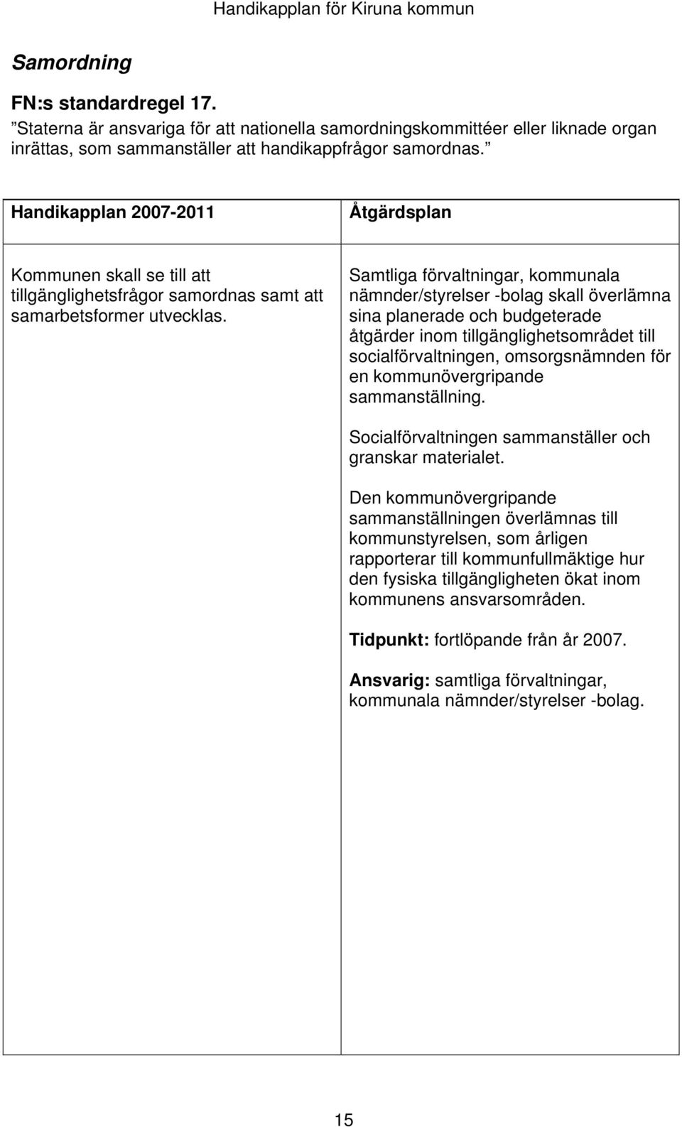 Samtliga förvaltningar, kommunala nämnder/styrelser -bolag skall överlämna sina planerade och budgeterade åtgärder inom tillgänglighetsområdet till socialförvaltningen, omsorgsnämnden för en