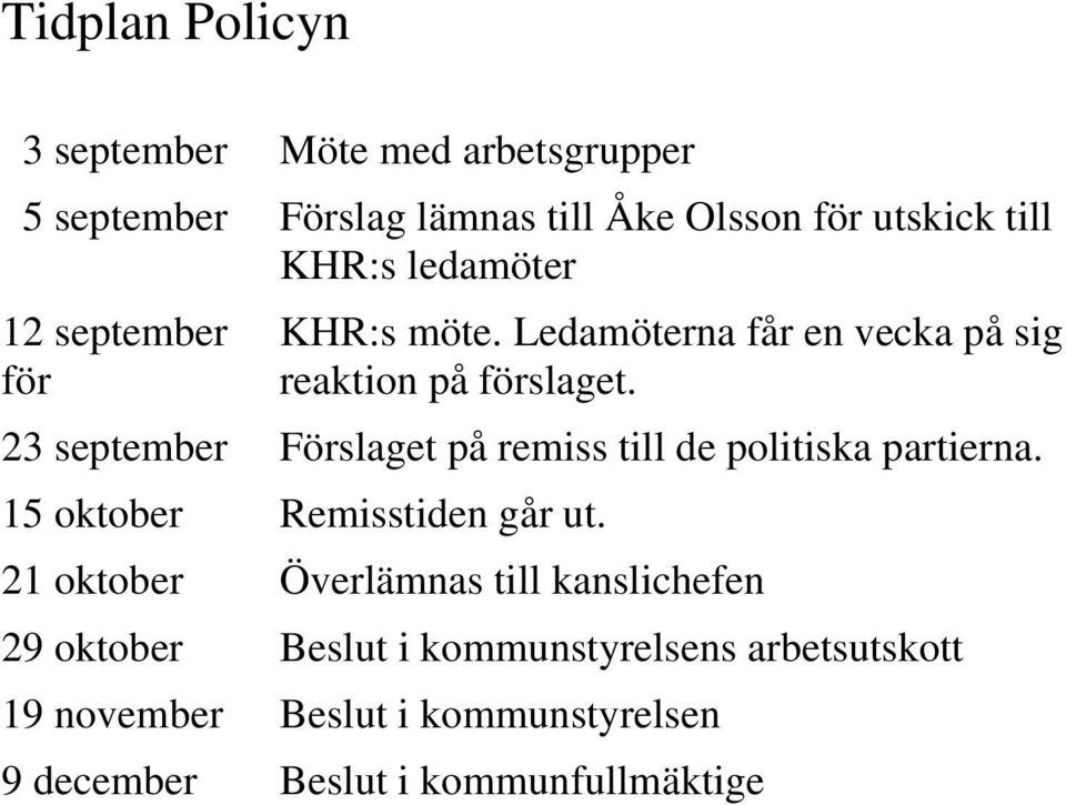 23 september Förslaget på remiss till de politiska partierna. 15 oktober Remisstiden går ut.