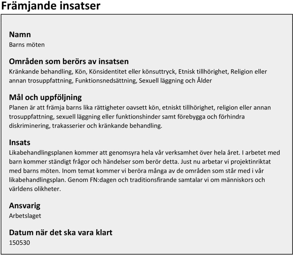 läggning eller funktionshinder samt förebygga och förhindra diskriminering, trakasserier och kränkande behandling. Insats Likabehandlingsplanen kommer att genomsyra hela vår verksamhet över hela året.