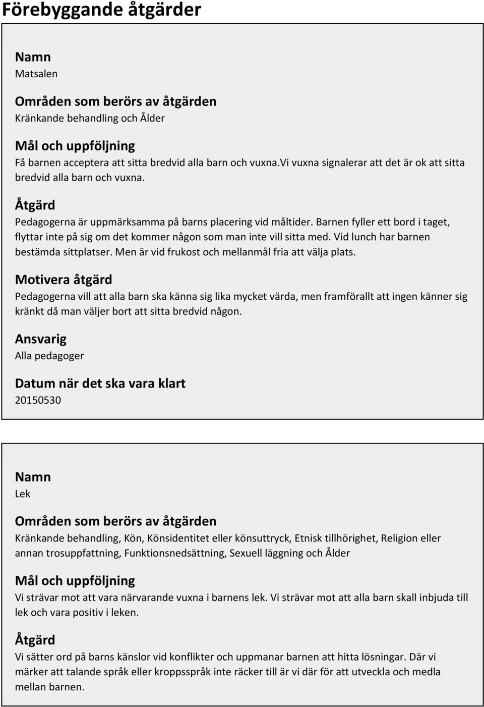 Barnen fyller ett bord i taget, flyttar inte på sig om det kommer någon som man inte vill sitta med. Vid lunch har barnen bestämda sittplatser. Men är vid frukost och mellanmål fria att välja plats.