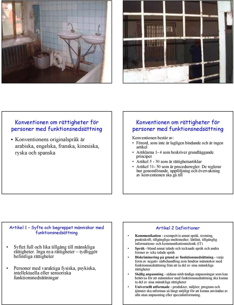 De reglerar hur genomförande, uppföljning och övervakning av konventionen ska gå till Artikel 1 Syfte och begreppet människor med Syftet full och lika tillgång till mänskliga rättigheter.