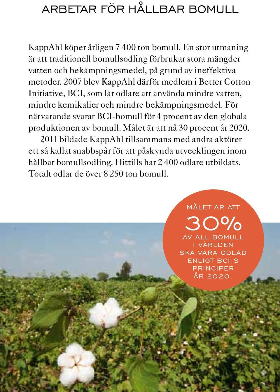 2007 blev KappAhl därför medlem i Better Cotton Initiative, BCI, som lär odlare att använda mindre vatten, mindre kemikalier och mindre bekämpningsmedel.