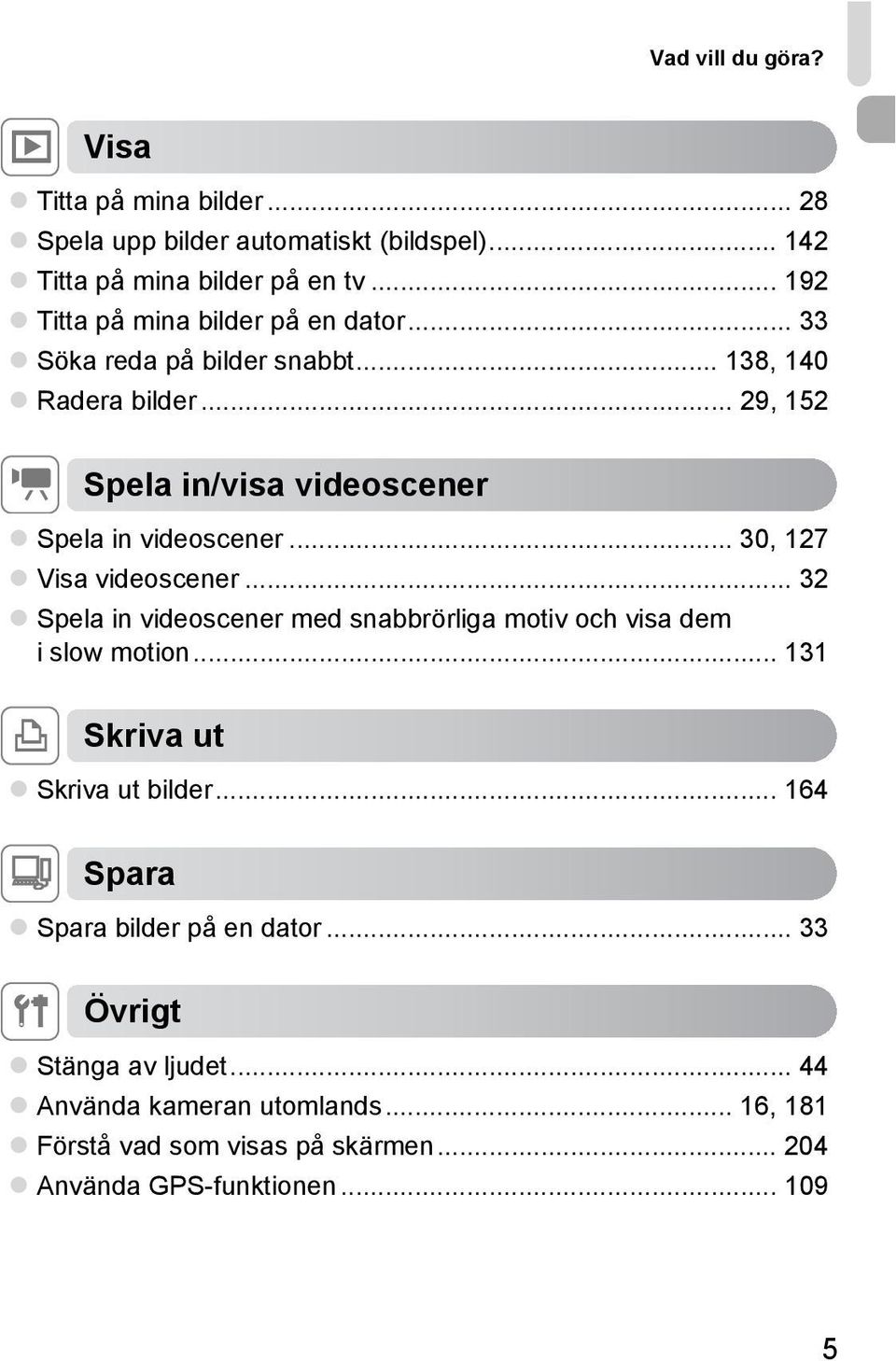 .. 29, 152 E Spela in/visa videoscener Spela in videoscener... 30, 127 Visa videoscener.