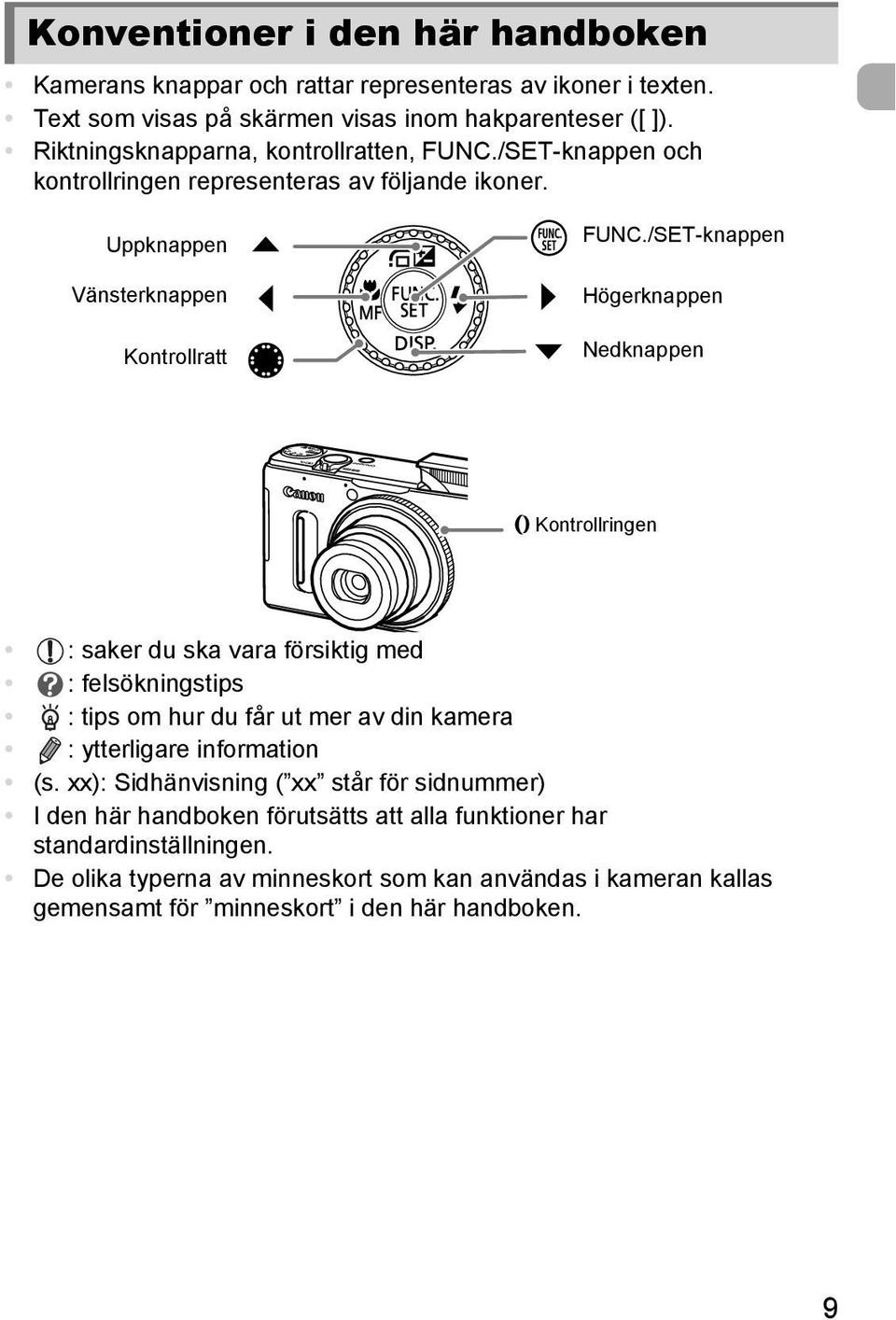 /SET-knappen Högerknappen Nedknappen y Kontrollringen : saker du ska vara försiktig med : felsökningstips : tips om hur du får ut mer av din kamera : ytterligare information (s.