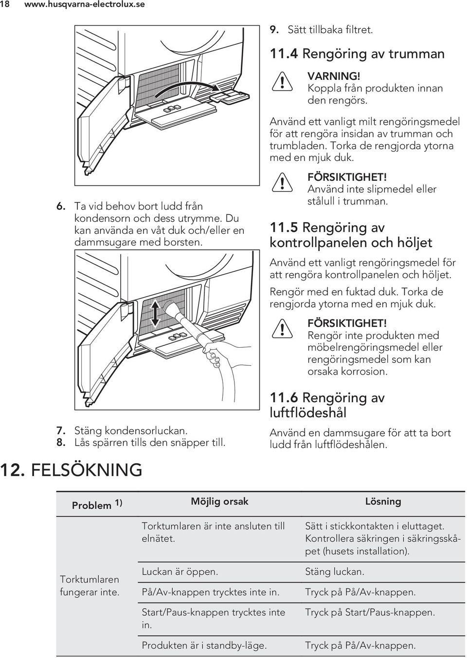 Du kan använda en våt duk och/eller en dammsugare med borsten. 7. Stäng kondensorluckan. 8. Lås spärren tills den snäpper till. 12. FELSÖKNING FÖRSIKTIGHET!