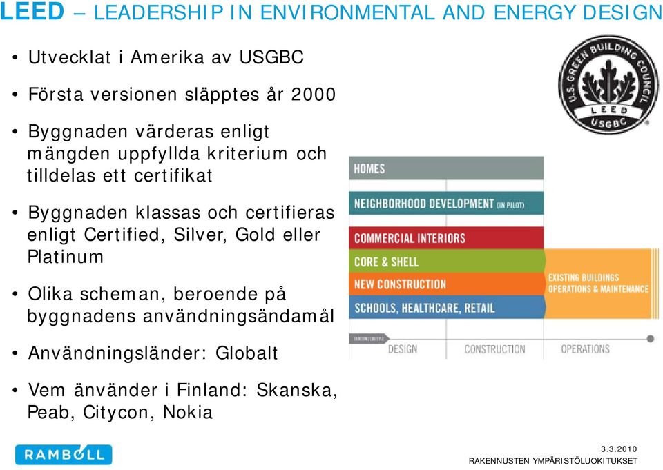 Byggnaden klassas och certifieras enligt Certified, Silver, Gold eller Platinum Olika scheman, beroende