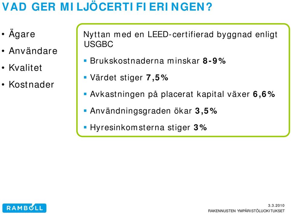 byggnad enligt USGBC Brukskostnaderna minskar 8-9% Värdet stiger