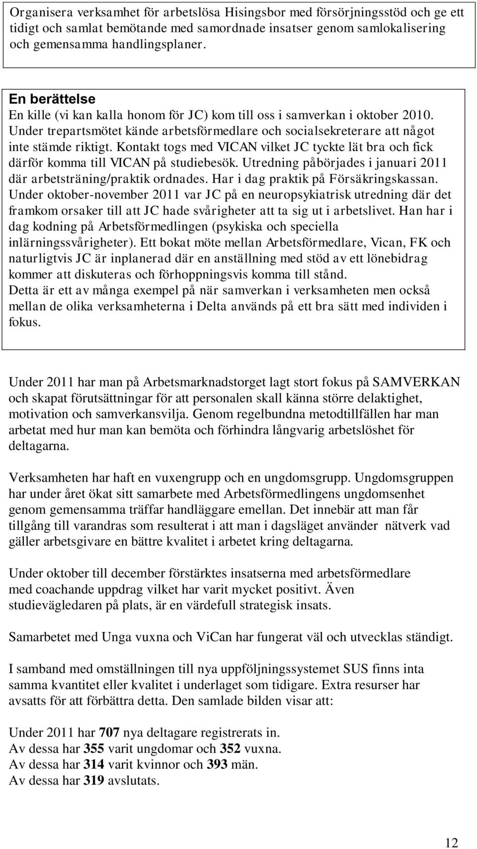Kontakt togs med VICAN vilket JC tyckte lät bra och fick därför komma till VICAN på studiebesök. Utredning påbörjades i januari 2011 där arbetsträning/praktik ordnades.
