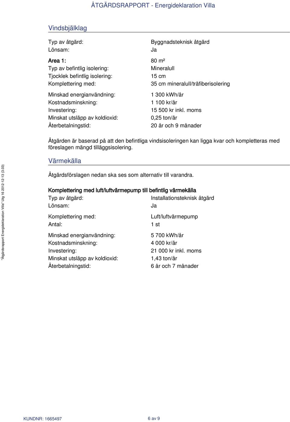 moms 0,25 ton/år 20 år och 9 månader Åtgärden är baserad på att den befintliga vindsisoleringen kan ligga kvar och kompletteras med föreslagen mängd tilläggsisolering.